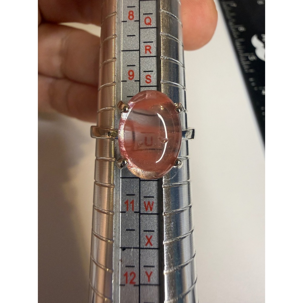 Pink Rutilated Quartz Oval Cabochon Ring Silver Tone Size 10 Statement Jewelry